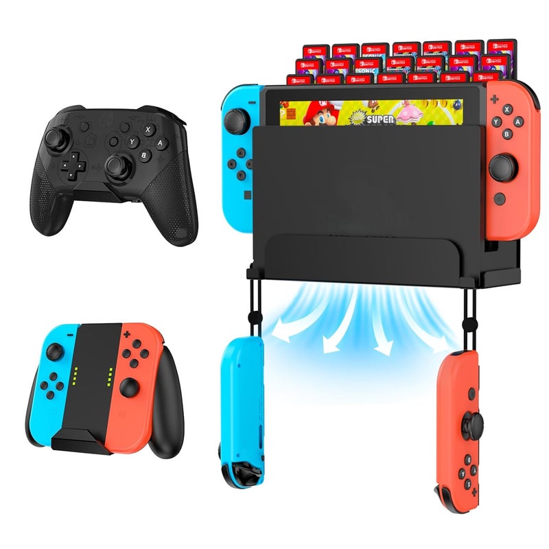 KUNSLUCK Wall Mount for Nintendo Switch/Switch OLED with 2 Controller Wall Mount and 28 Game Card Holders, Safely Store Your Switch Console Near or Behind Your TV (Black) - Image 1
